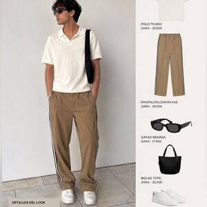 Zara Men’s Khaki Track Pants with Black & White Side Stripes